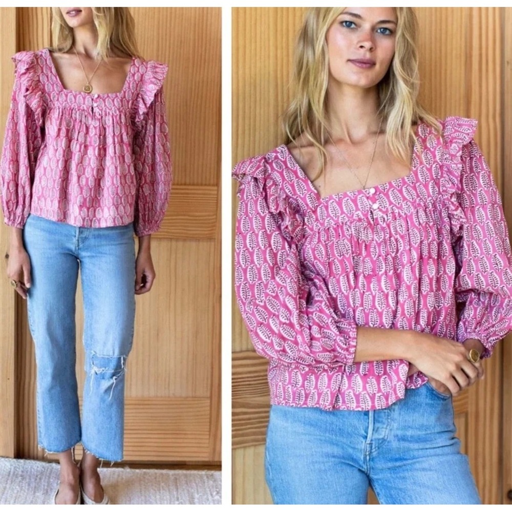 Emerson Fry Adelina Blouse Rosey Organic Cotton Square Neck Block Print Ruffle L
